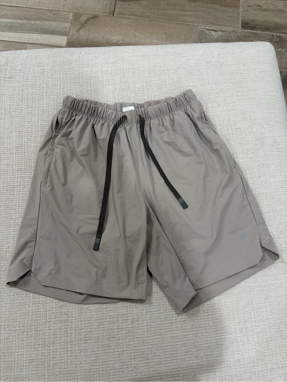 Fabletics Men's Athletic Shorts in Taupe with Black Drawstring with pockets